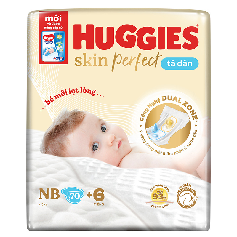 Tã dán Huggies Skin Perfect size NB 70 miếng (Dưới 5 kg) - Giao bao bì +4/+6 ngẫu nhiên